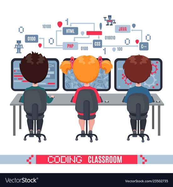 Kids learn coding on laptops in school Royalty Free Vector
