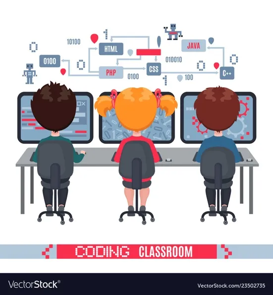 Kids learn coding on laptops in school Royalty Free Vector