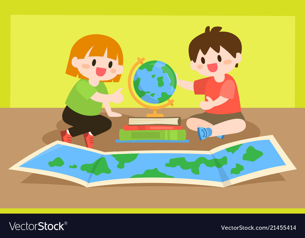 Children studying learning geography with globe Vector Image