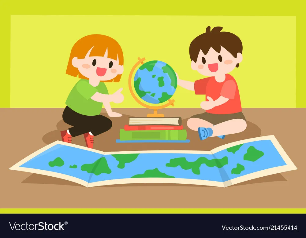 Children studying learning geography with globe Vector Image